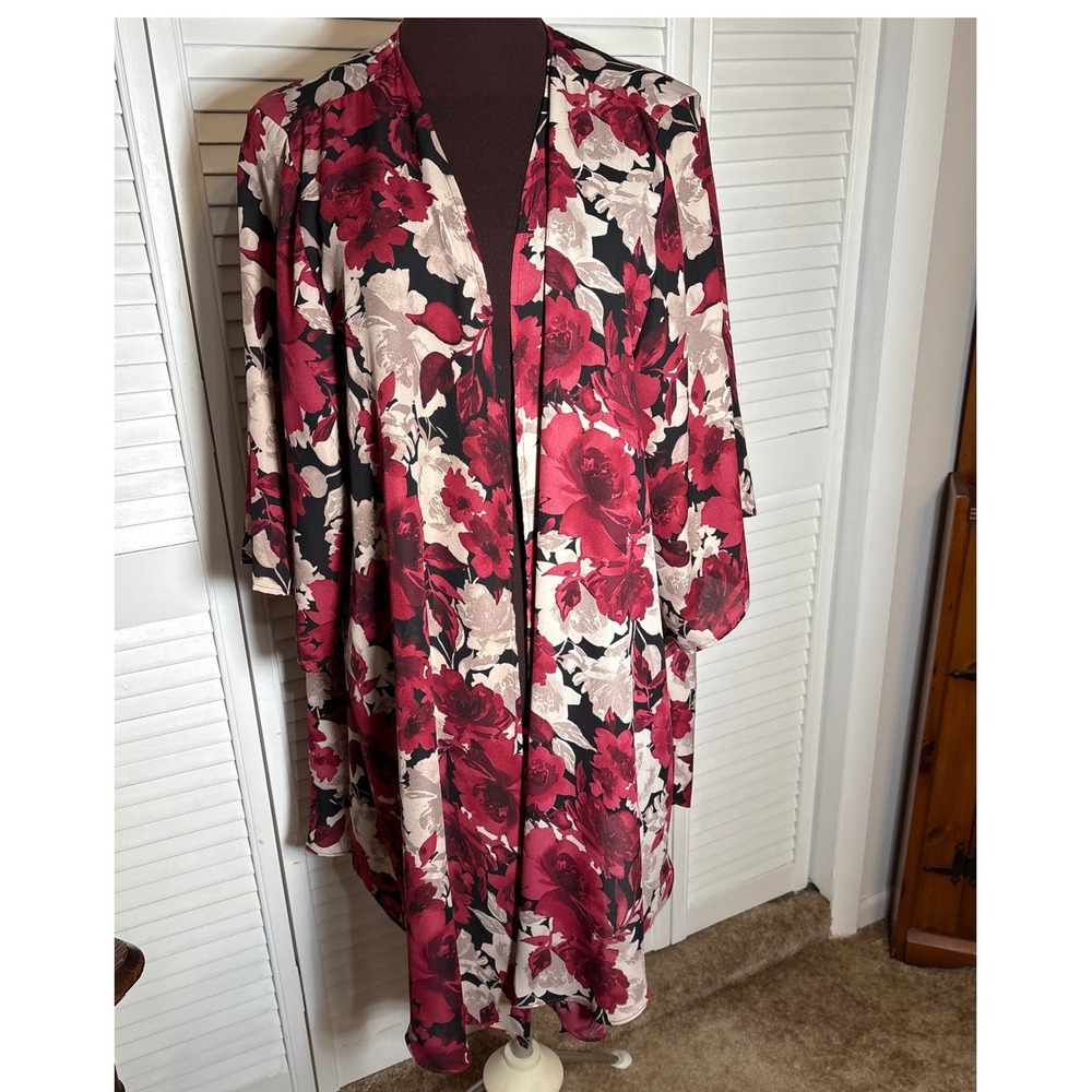 Avenue Floral Kimono Wrap Cardigan Red Black Tan Rose Print Plus Size 18/20